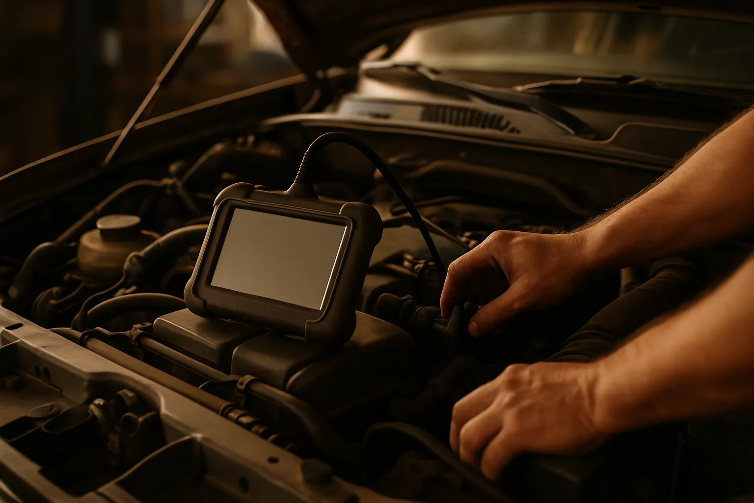 Engine diagnostics being performed with professional equipment