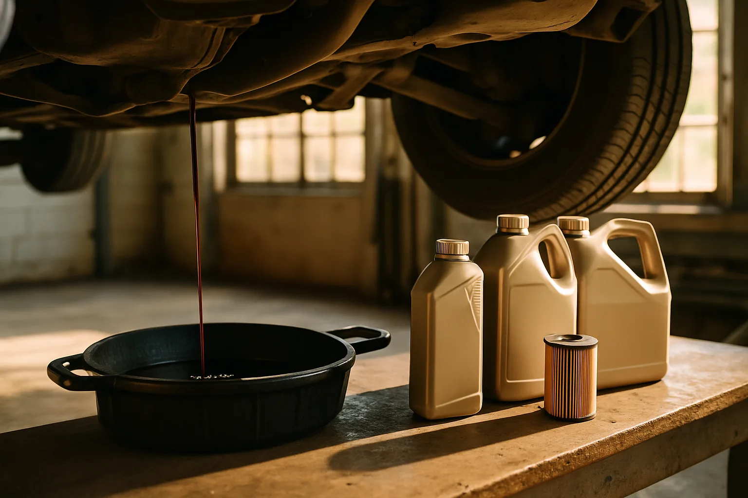 Oil change service with drain pan and supplies organized on workbench
